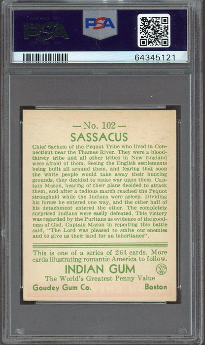 1933 Goudey Indian Gum Series of 264 #102 Sassacus (PSA 4 VG/EX) Sharp!