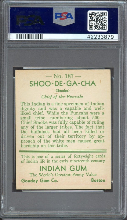 1933 Goudey INDIAN GUM (Series of 48) #187 Shoo De Ga Cha (PSA 6 EX/MT)1