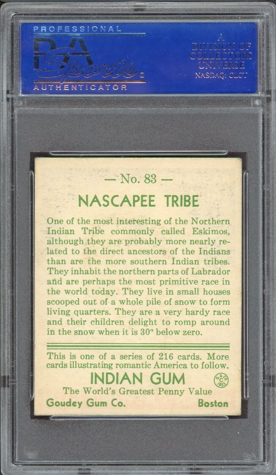 1933 Goudey Indian Gum (Series of 216) #83 Nascapee Tribe (PSA 5 EX)