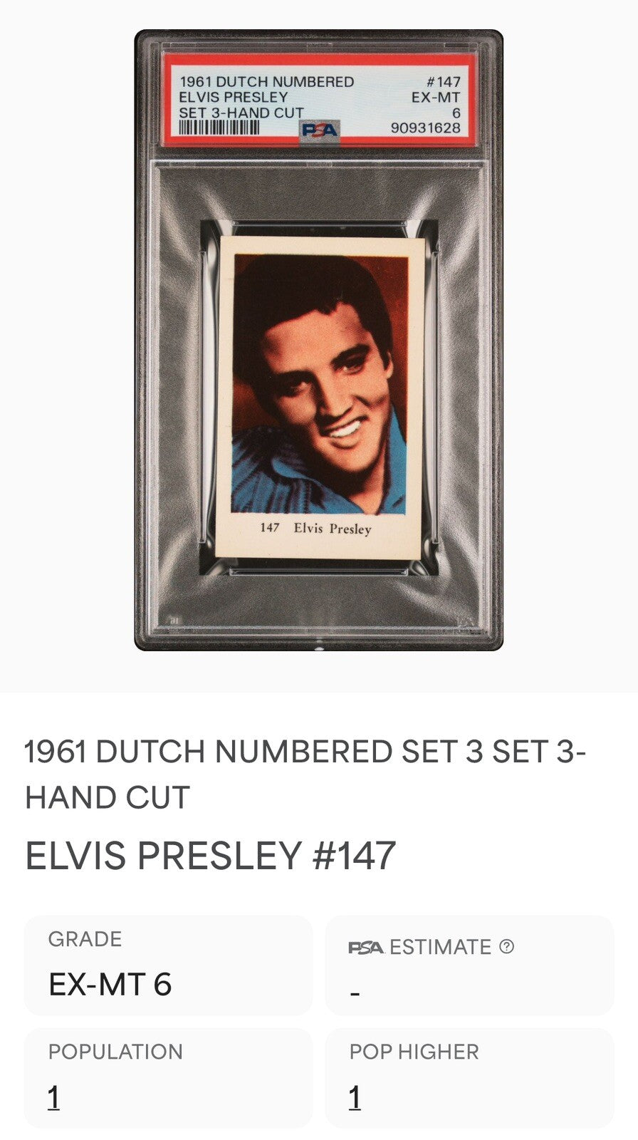 1961 Dutch Gum Numbered Set 3 Elvis Presley #147 (PSA 6 EX/MT) Low Pop 1/13
