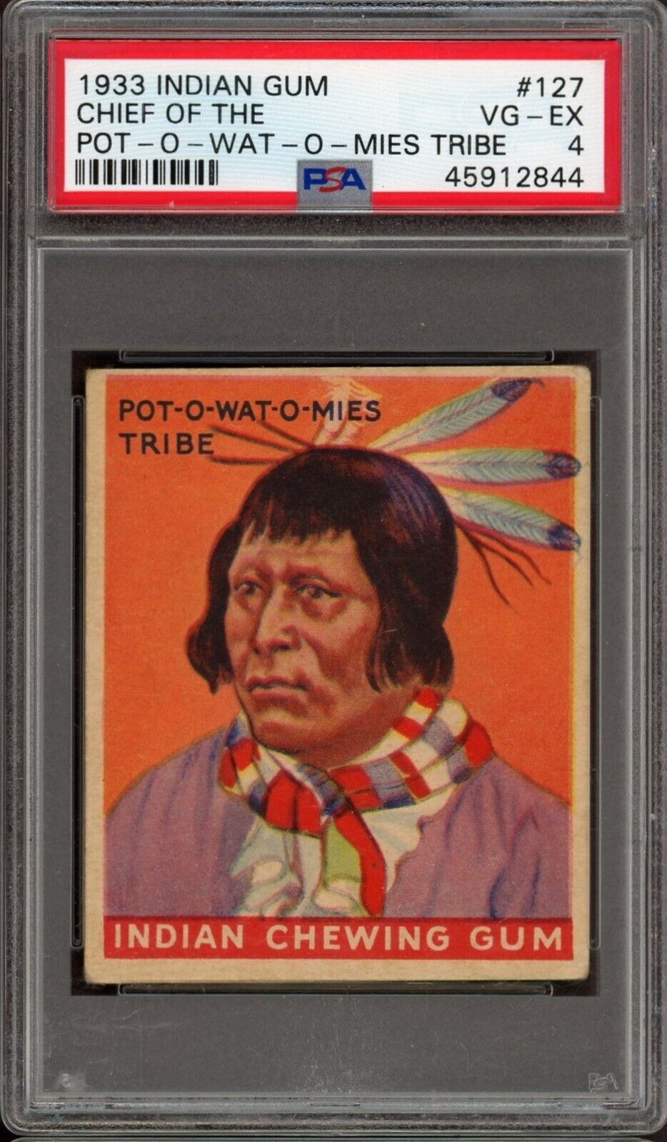 1933 Goudey Indian Gum (Series of 48) #127 Pot-O-Wat-O-Mies Tribe (PSA 4 VG/EX)