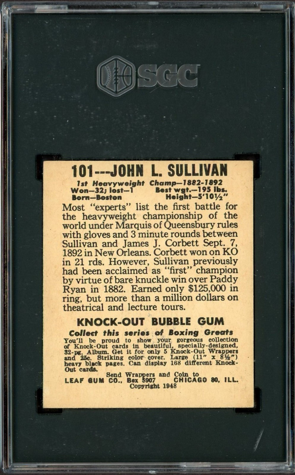 1948 Leaf Knock Out Bubble Gum Boxing #101 John L. Sullivan (SGC 5 EX)1