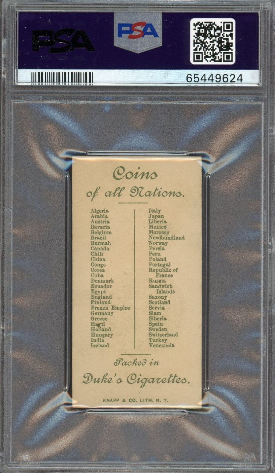 1889 N72 Duke Coins Of All Nations DENMARK (PSA 7 NM)1