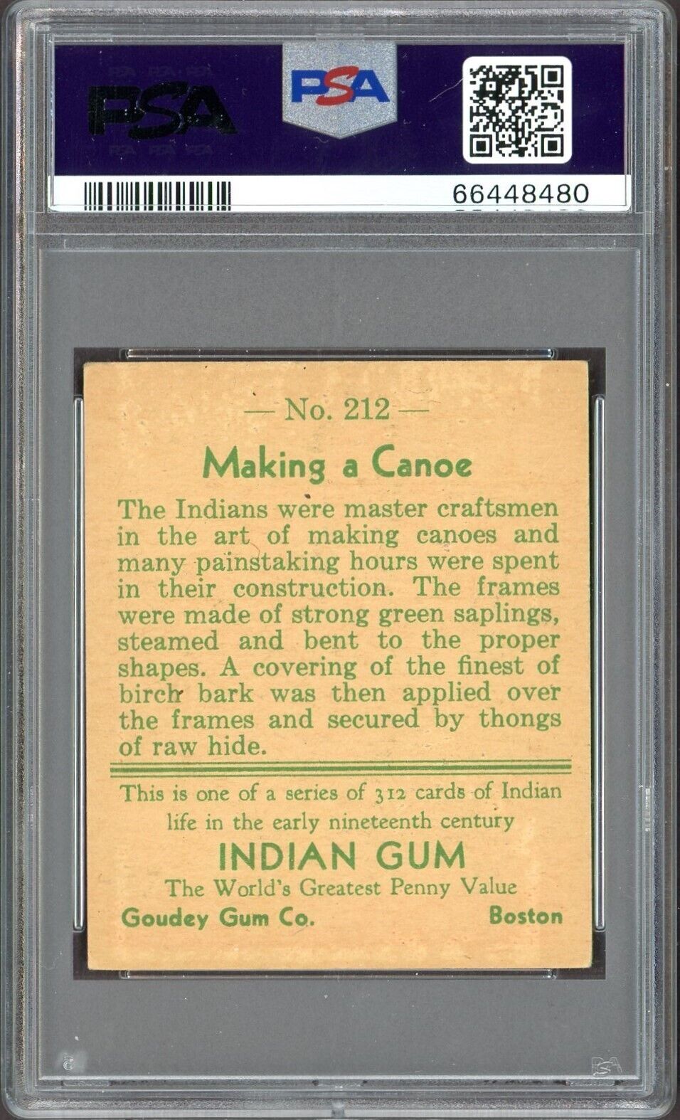 1933 Goudey INDIAN GUM (Series of 312) #212 Making A Canoe (PSA 4 VG/EX)