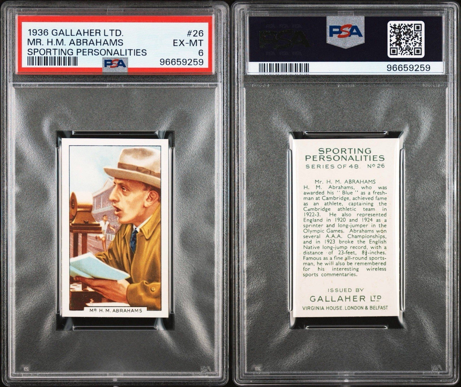 1936 Gallaher Sporting Personalities #26 H.M. Abrahams (PSA 6 EX/MT)2