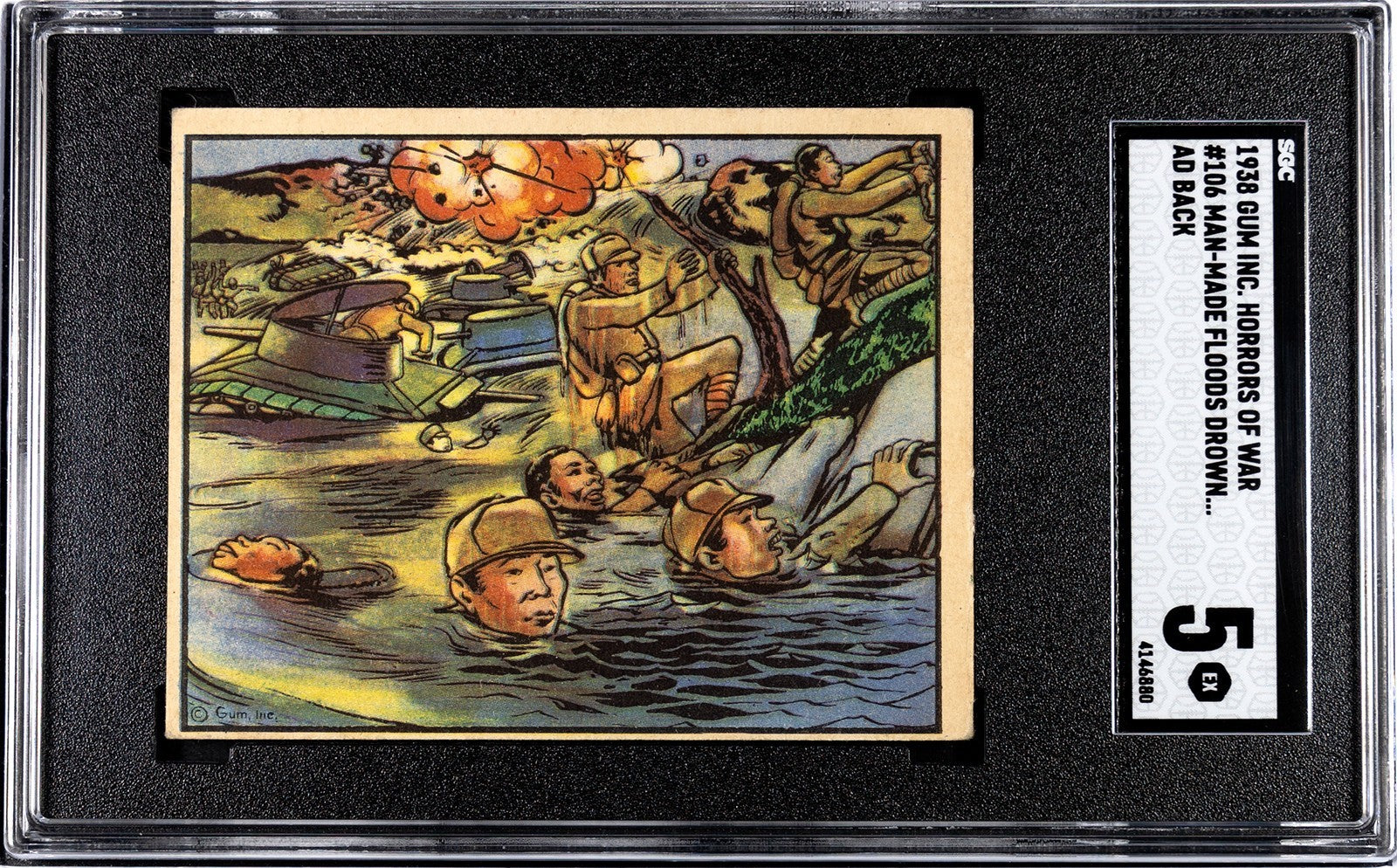 1938 HORRORS OF WAR Gum Card #106 Advertising Back MACHINE OVERPRINT (SGC 5 EX)0