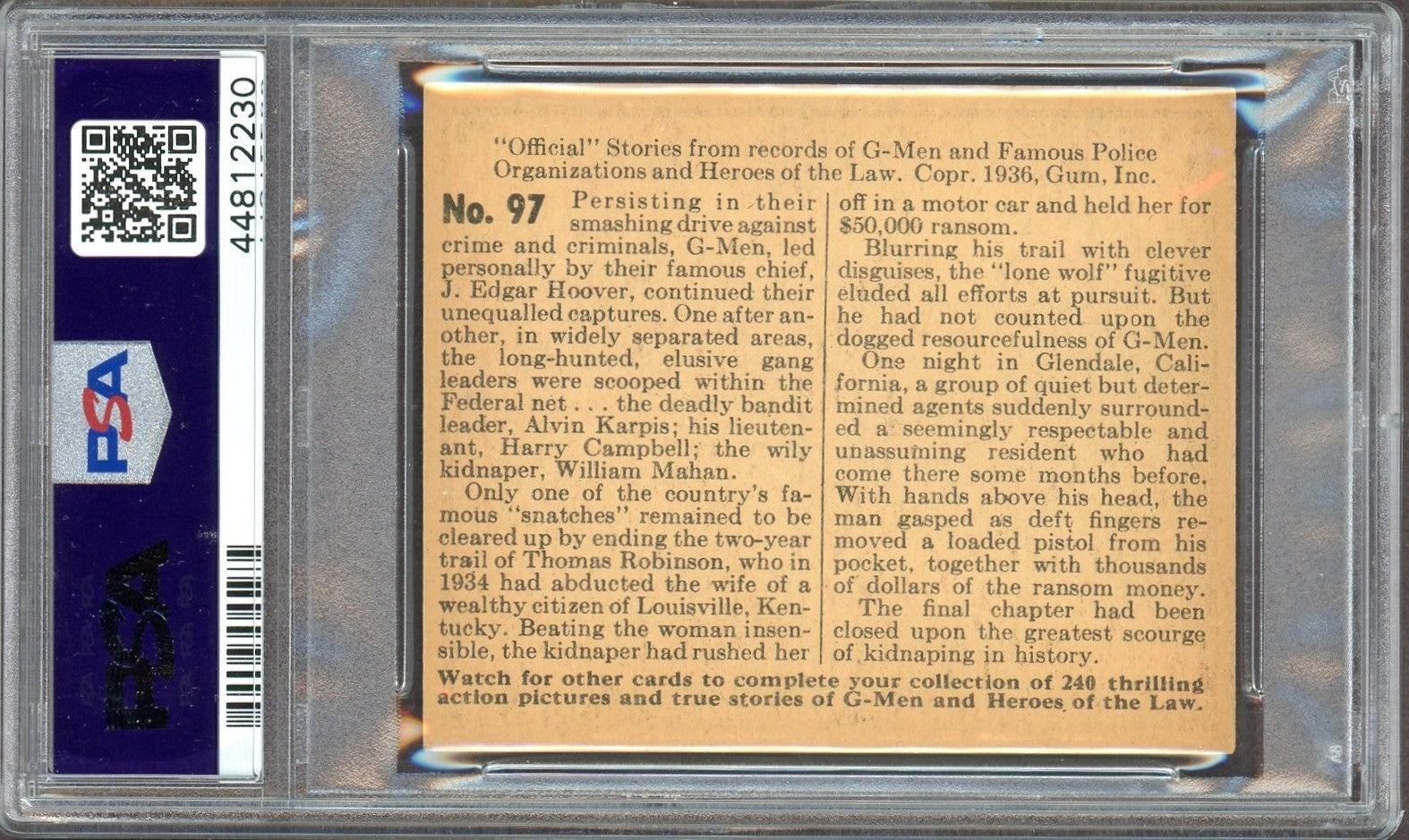 1936 Gum G Men & Heroes of the Law #97 Complete Their Record Catch (PSA 6 EX/MT)1
