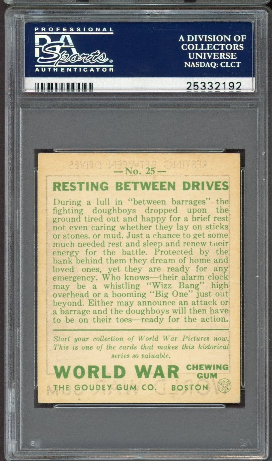 1933 Goudey 'World War Gum' Card #25 "Resting Between Drives" (PSA 6 EX/MT) WWI1