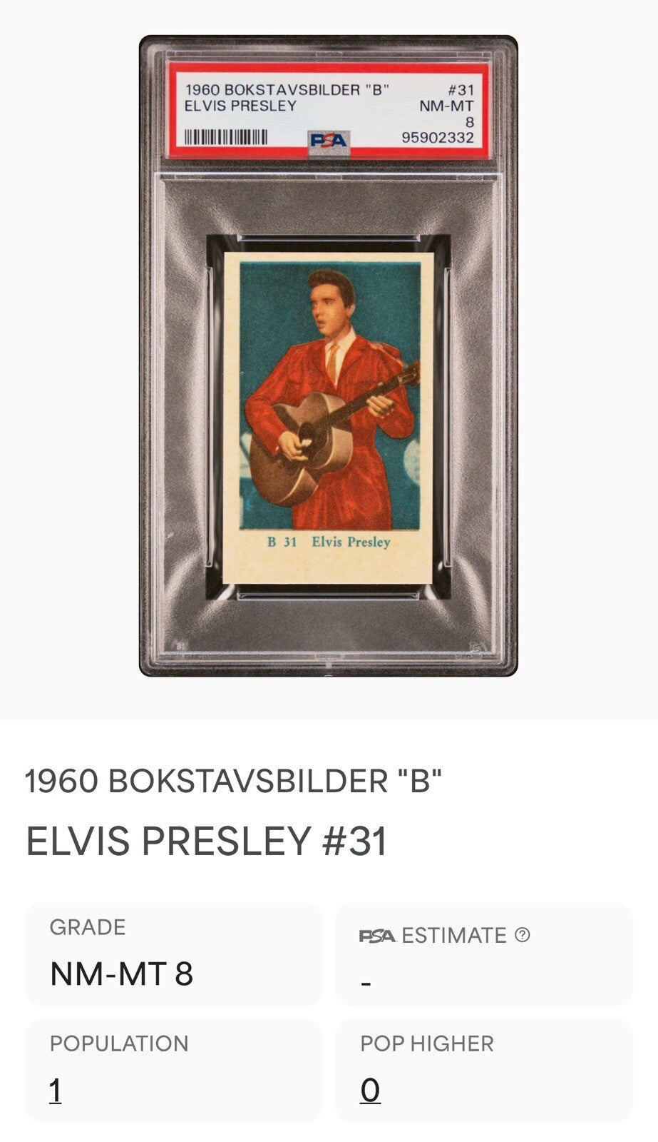 1960 Bokstavsbilder "B" Elvis Presley Card #31 (PSA 8 NM MT+) Pop 12