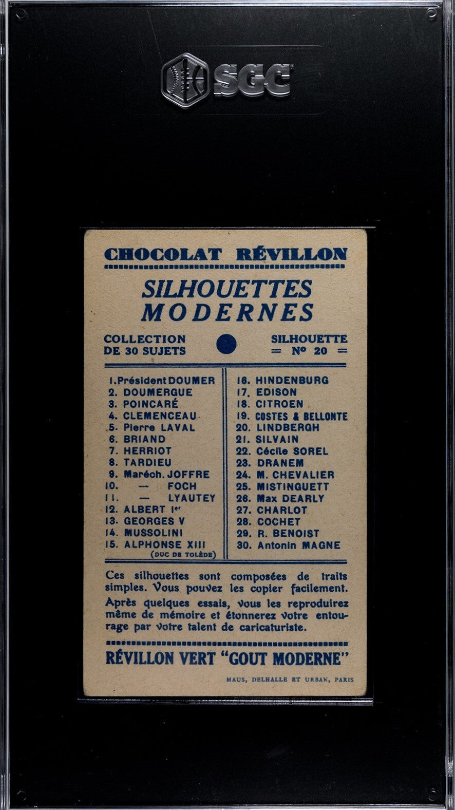 1931 CHOCOLATE REVILLON SILHOUETTES #20 Charles Lindbergh (SGC 3 VG) AVIATION1