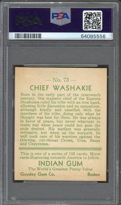 1933 Goudey Indian Gum (Series of 192) #73 Washakie (PSA 4 VG/EX)