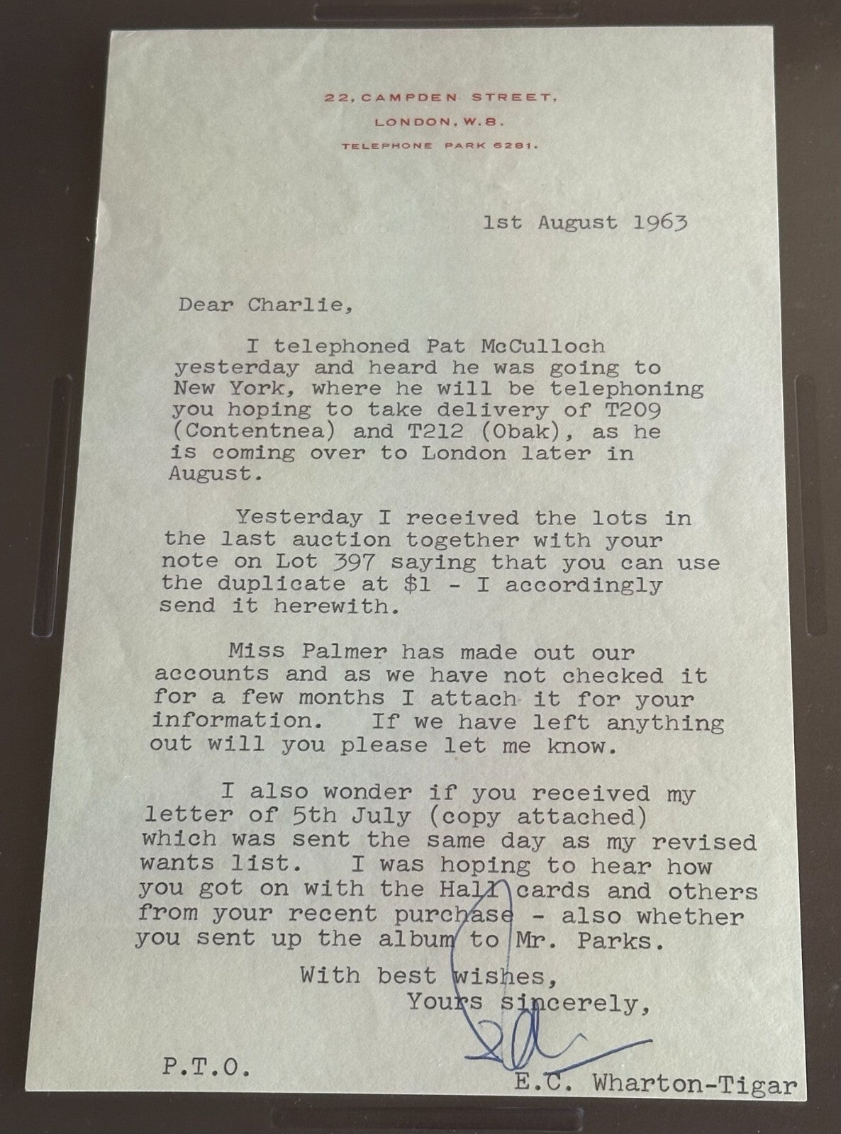 Famed Collectors CHARLES BRAY Letter EDWARD WHARTON TIGAR PSA Auth T209 T2121