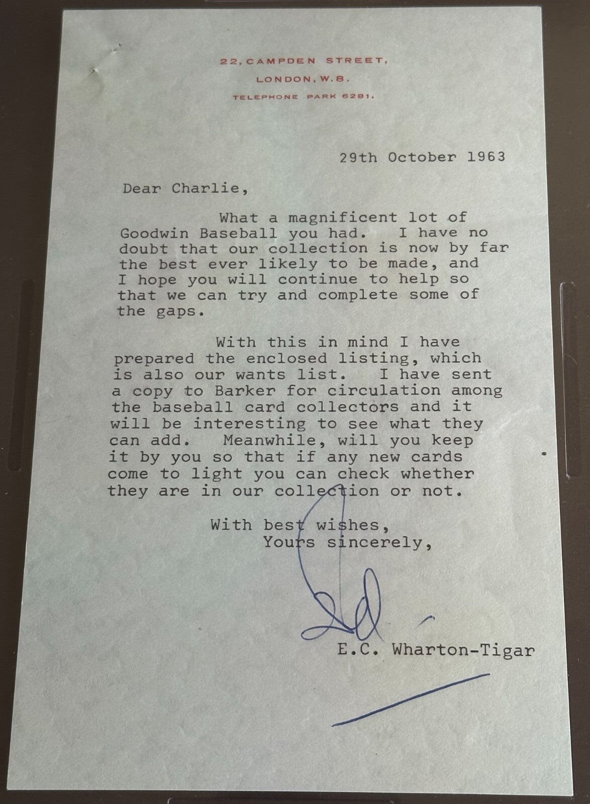 N162 Goodwin Champions CHARLES BRAY Letter Signed EDWARD WHARTON TIGAR PSA Auth1