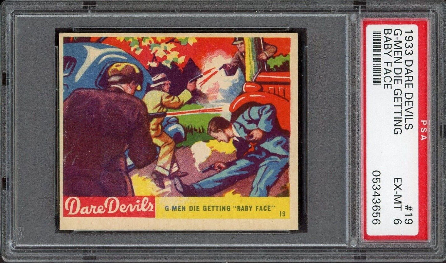 1933 R39 N. Chicle Dare Devils #19 G-Men Die Getting Baby Face Leroy PSA 6 EX/MT