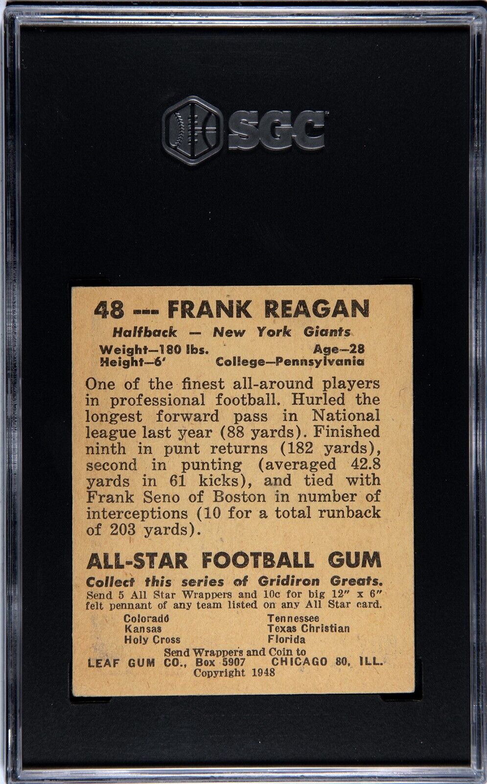 1948 Leaf  Football #48 Frank Reagan (SGC 5 EX)
