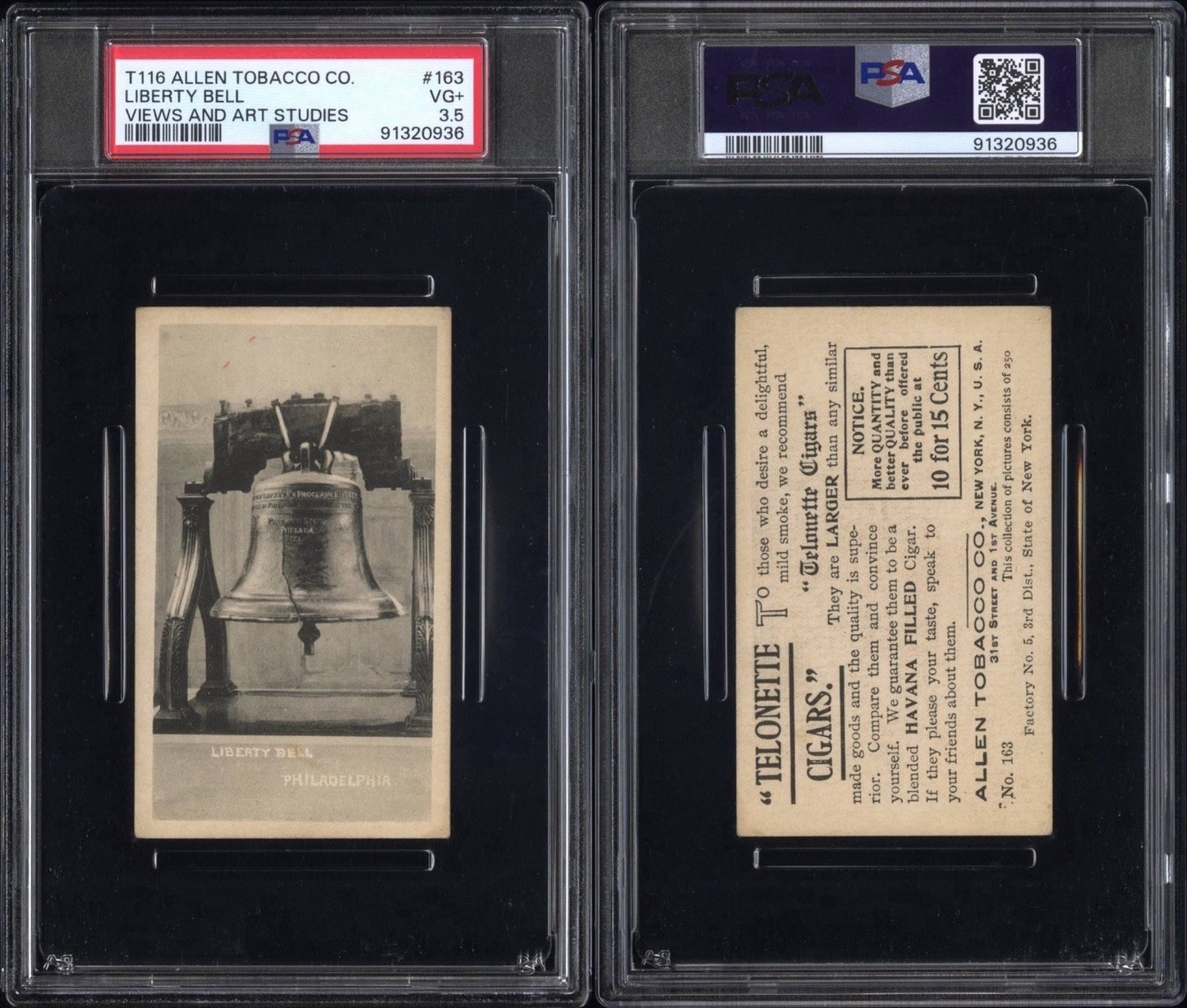 1903 T116 Allen Tobacco Telonette Cigars #163 LIBERTY BELL (PSA 3.5 VG+) 1/12