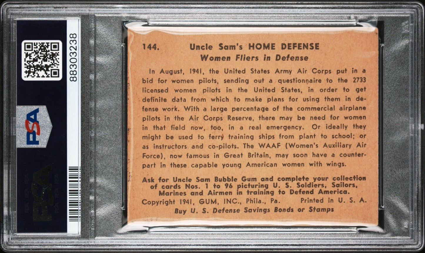 1941 Gum Inc Uncle Sam Home Defense #144 Women Fliers PSA 2 GD Last Card in Set1