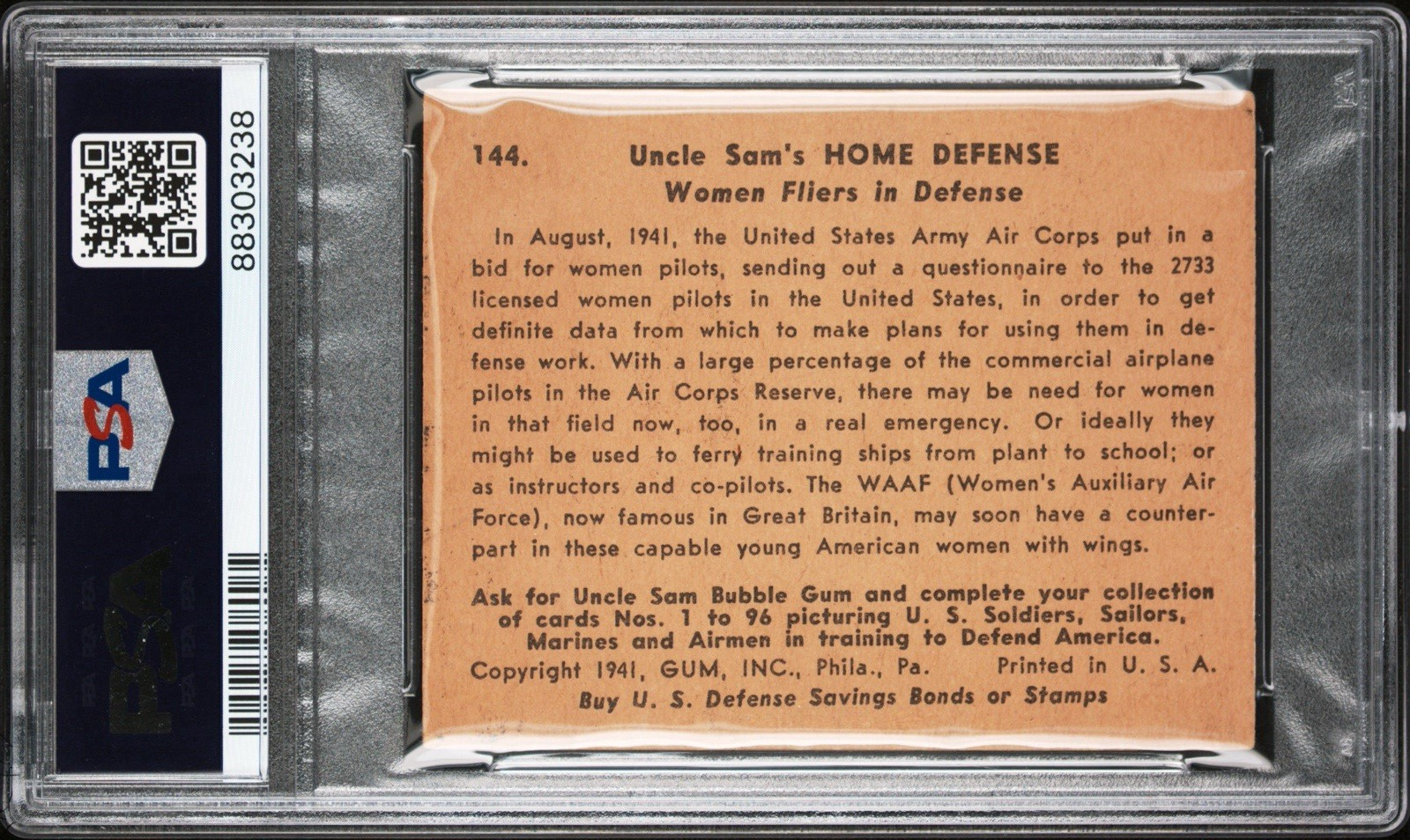 1941 Gum Inc Uncle Sam Home Defense #144 Women Fliers PSA 2 GD Last Card in Set1