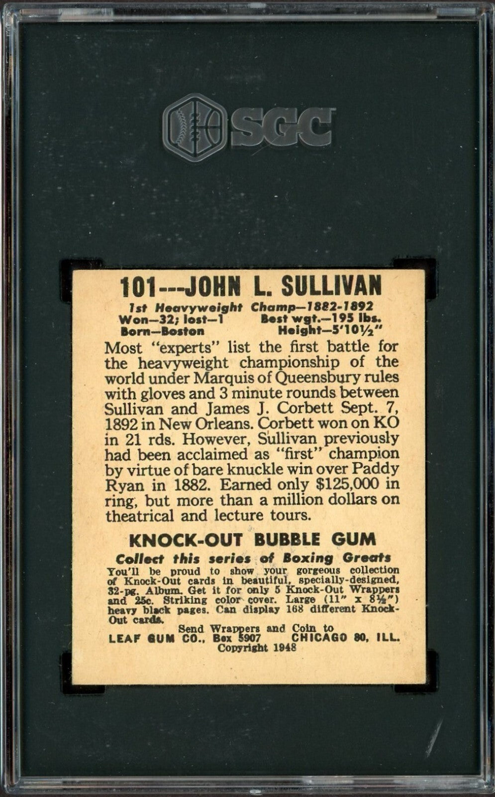 1948 Leaf Knock-Out Bubble Gum Boxing #101 John L. Sullivan (SGC 5 EX)1