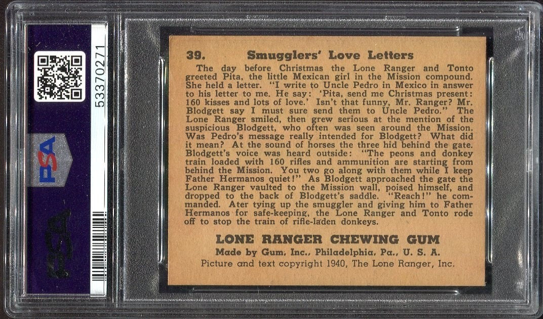 1940 Gum, Inc. LONE RANGER High Number #39 Smuggler's Love (PSA 7 NM)1