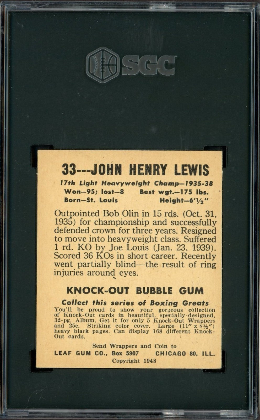 1948 Leaf Knock Out Bubble Gum Boxing #33 (SGC 5 EX) John Henry Lewis1