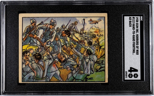 1938 HORRORS OF WAR Gum Card #112 Advertising Back MACHINE OVERPRINT SGC 4 VG/EX0