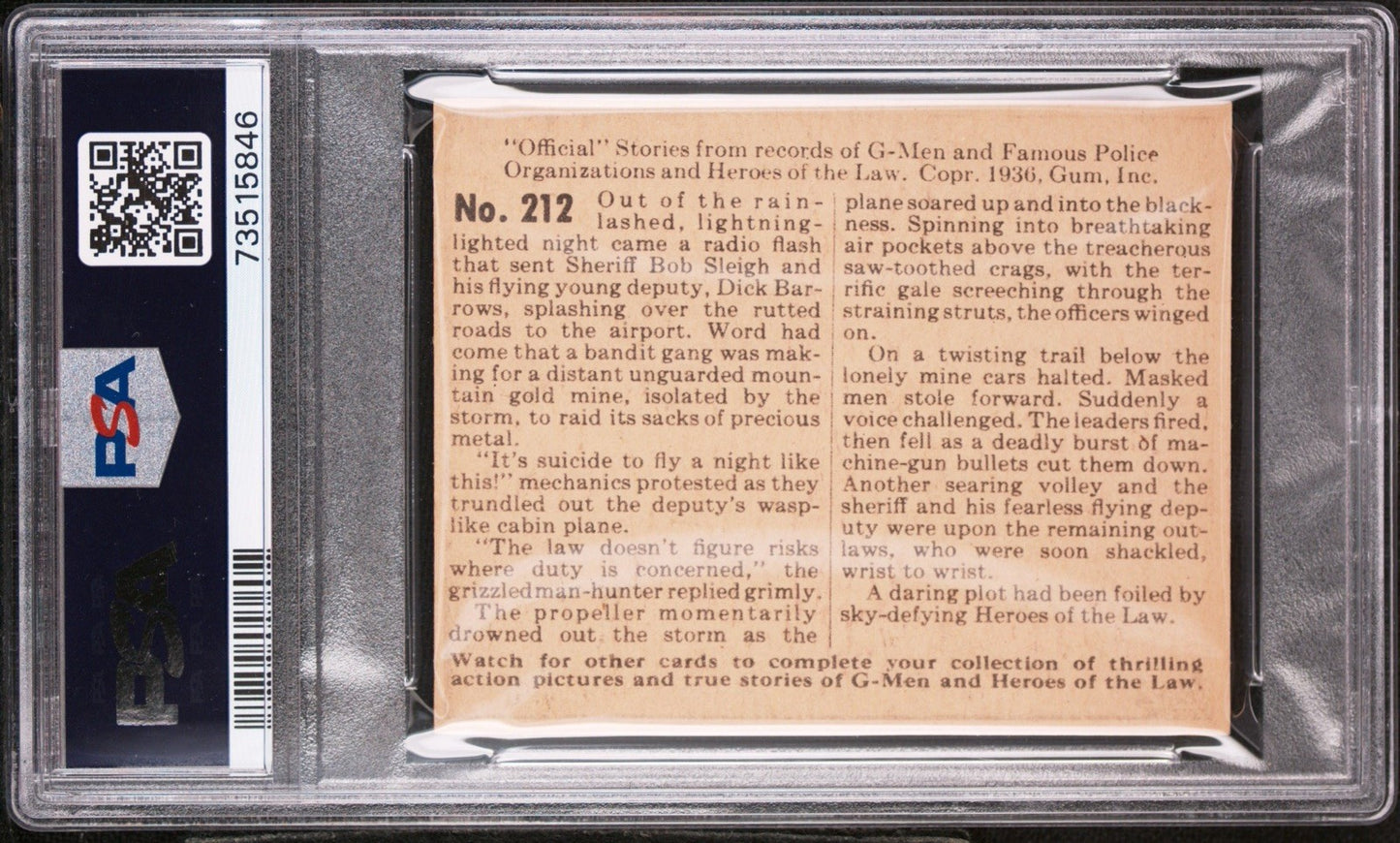 1936 Gum G Men & Heroes of the Law Gum #212 Death Defies the Sky (PSA 5 EX)1