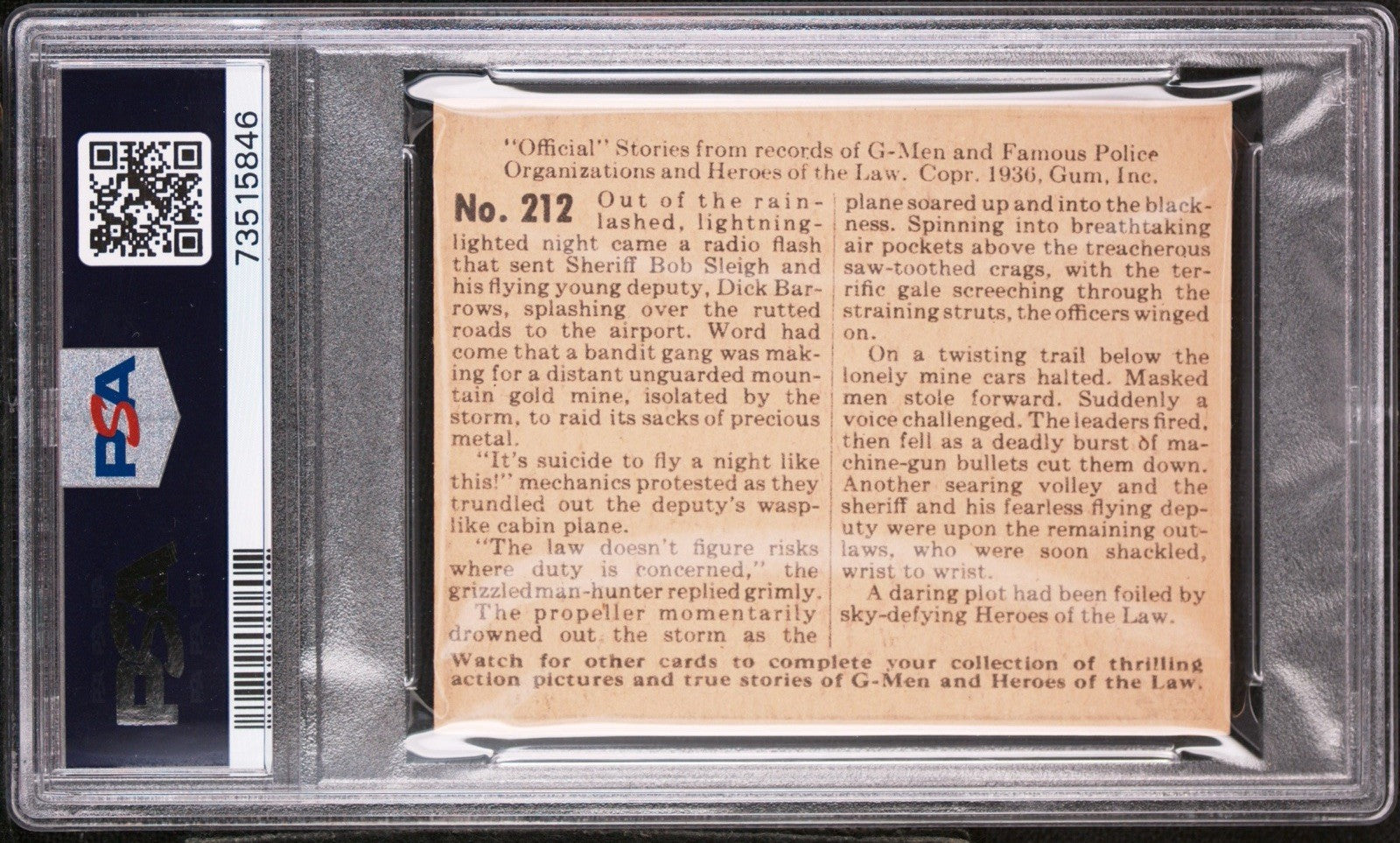 1936 Gum G Men & Heroes of the Law Gum #212 Death Defies the Sky (PSA 5 EX)1