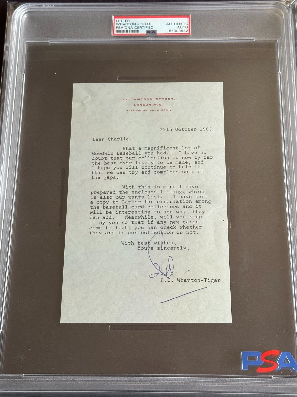N162 Goodwin Champions CHARLES BRAY Letter Signed EDWARD WHARTON TIGAR PSA Auth0