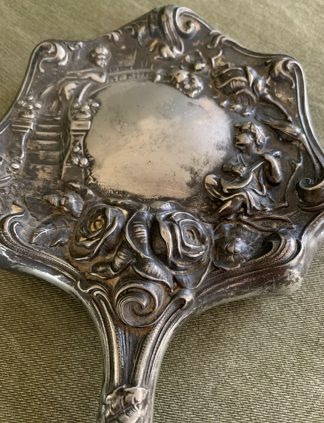 Vintage Victorian Art Nouveau Style Silverplate HAND MIRROR Repousse w/ Mandolin3