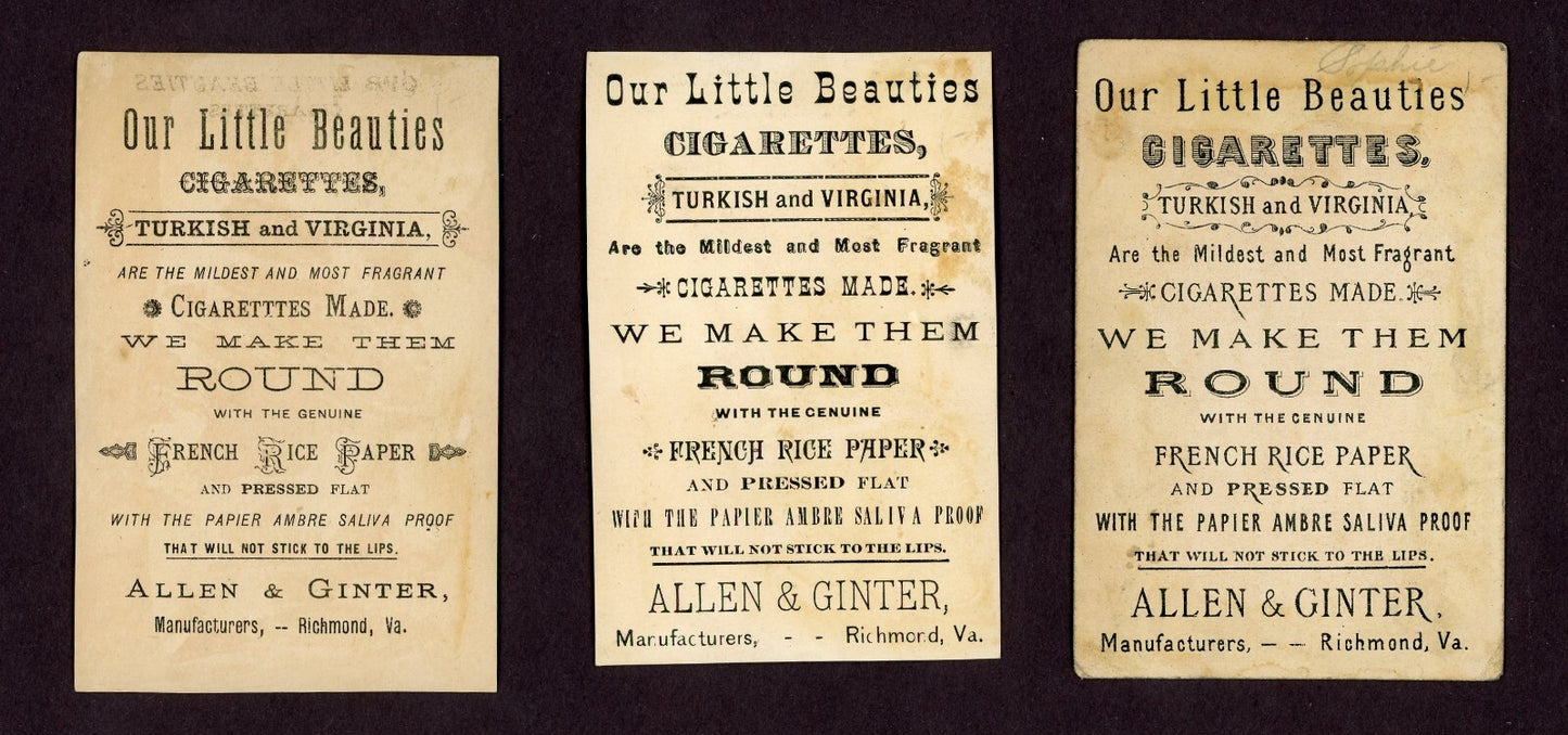 Collection of SIX Allen & Ginter Tobacco Little Beauties Cigarettes TRADE CARDS3