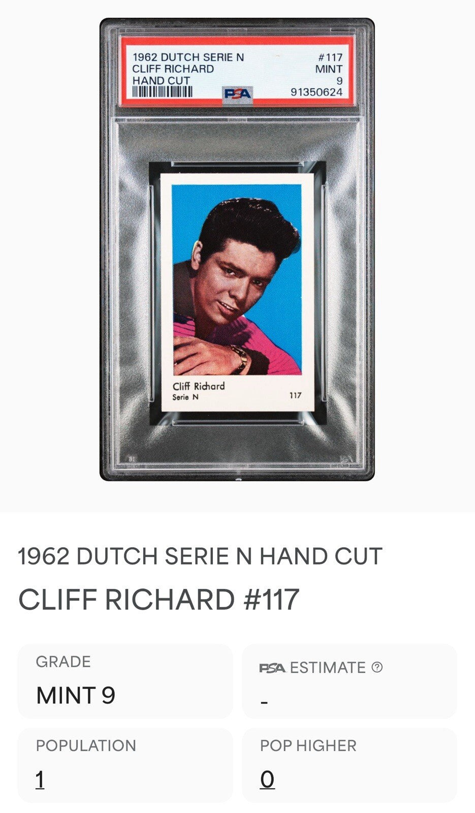 1962 Dutch Serie N Hand Cut CLIFF RICHARD #117 (PSA 9 MT)2