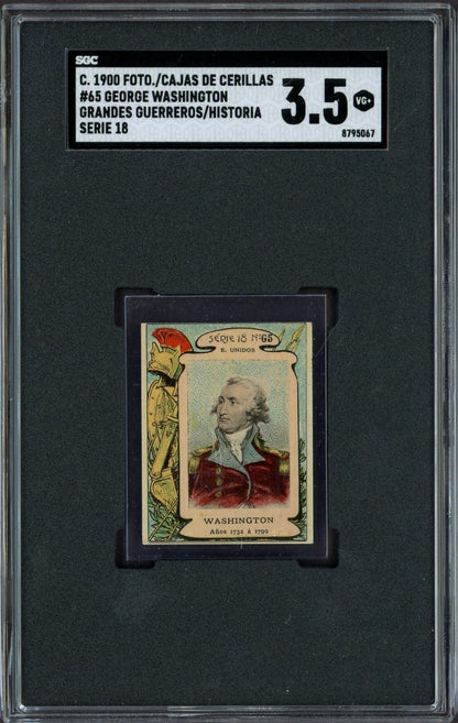 1900 Fototipias Serie 18 #65 George Washington (SGC 3.5 VG+) Matchbox Card0