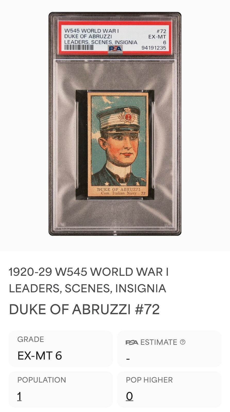 1920s W545 WORLD WAR I LEADERS, SCENES, INSIGNIA #72 Duke of Abruzzi PSA 6 EX/MT2