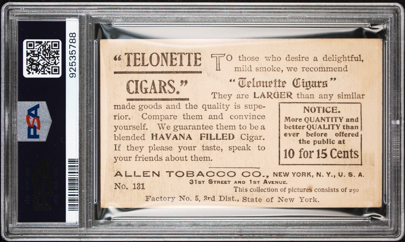 1903 T116 Allen Tobacco Telonette #131 New York, Williamsburg Bridge PSA 4 VG/EX1