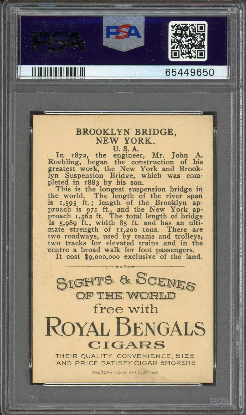 1911 T99 Sights & Scenes of the World BROOKLYN BRIDGE Royal Bengals PSA 6 EX/MT1