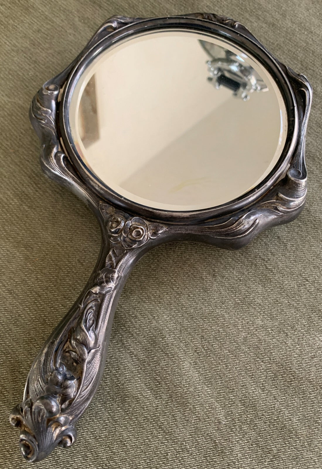Vintage Victorian Art Nouveau Style Silverplate HAND MIRROR Repousse w/ Mandolin1