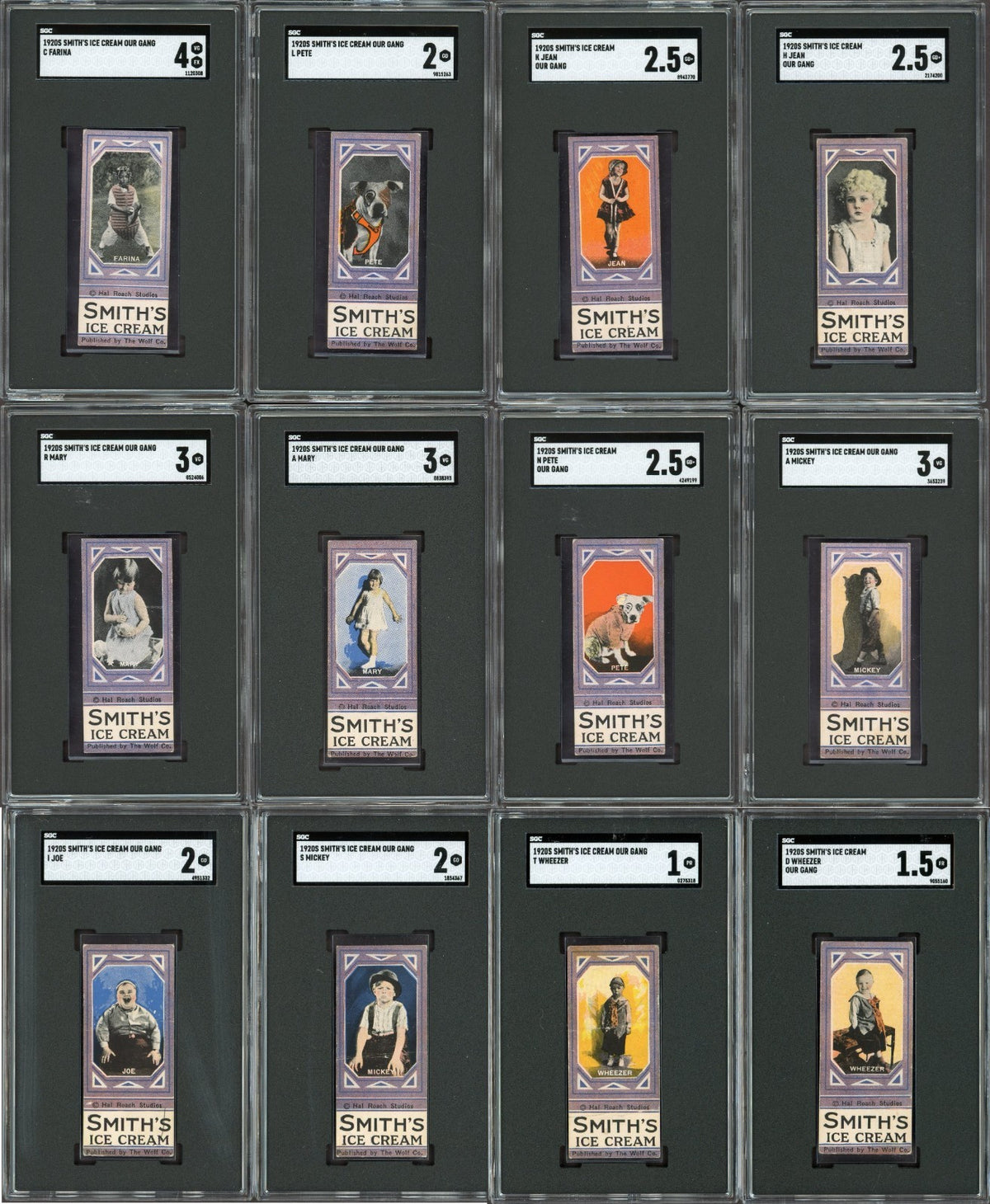 1920 F57 "Our Gang" Smith's Ice Cream Rare SGC-Graded Collection of 12 Cards0