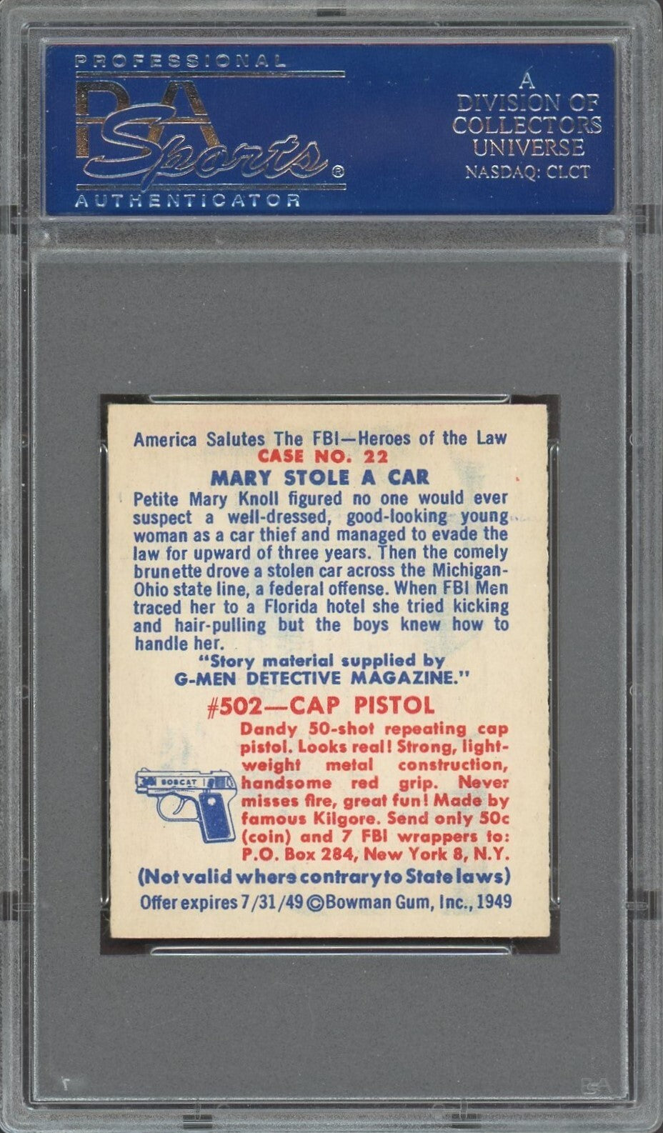 1949 BOWMAN America Salutes the FBI #22 Mary Stole A Car (PSA 7 NM)1