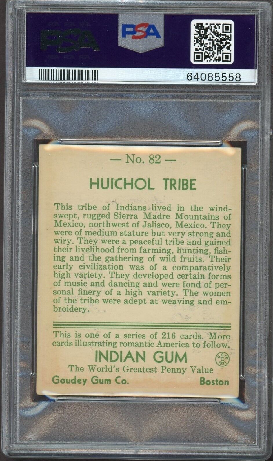 1933 Goudey INDIAN GUM (Series of 216) #82 Huichol Tribe (PSA 4 VG/EX)