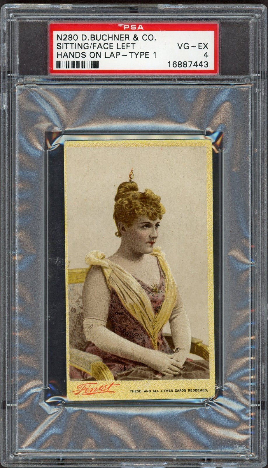 1891 N280 D. Buchner Co. Ad Back ACTRESSES (PSA 4 VG/EX) Sitting Face Left0