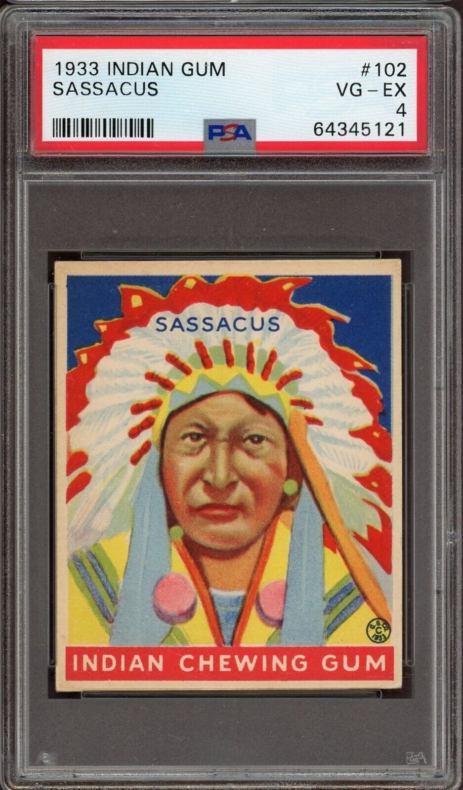 1933 Goudey Indian Gum Series of 264 #102 Sassacus (PSA 4 VG/EX) Sharp!