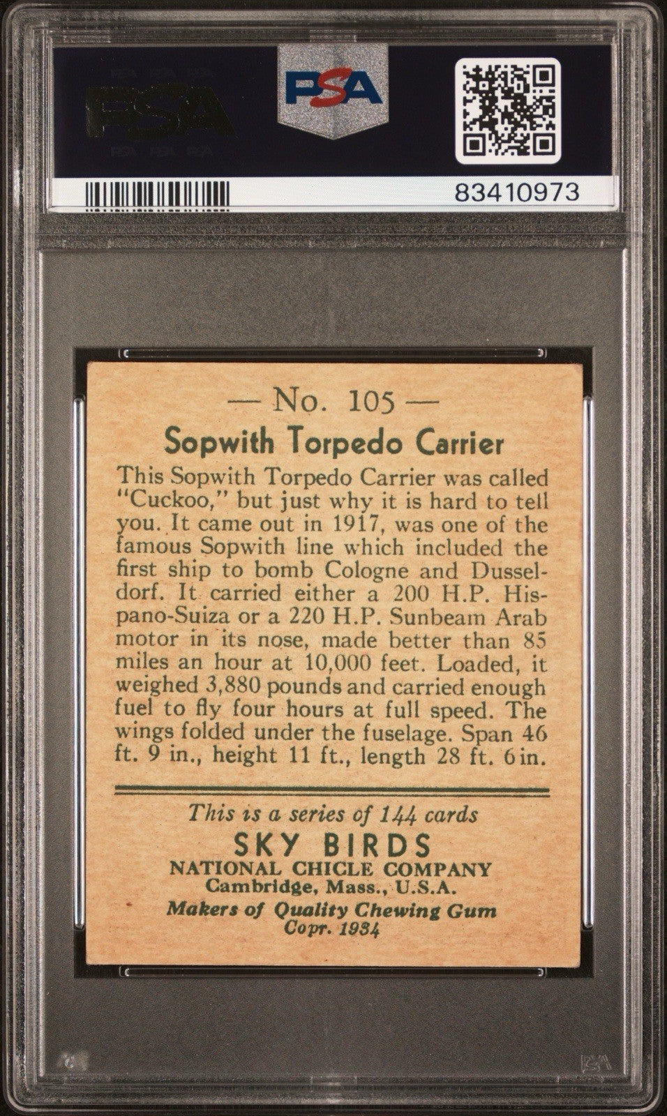 1934 National Chicle Sky Birds Sopwith Torpedo Carrier (PSA 5 EX) #105 High1