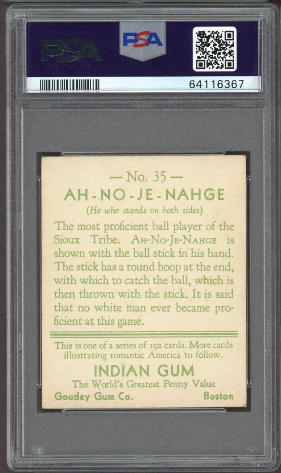 1933 Goudey INDIAN GUM (Series of 192) #35 Ah-No-Je-Nahge (PSA 5 EX) Sharp!