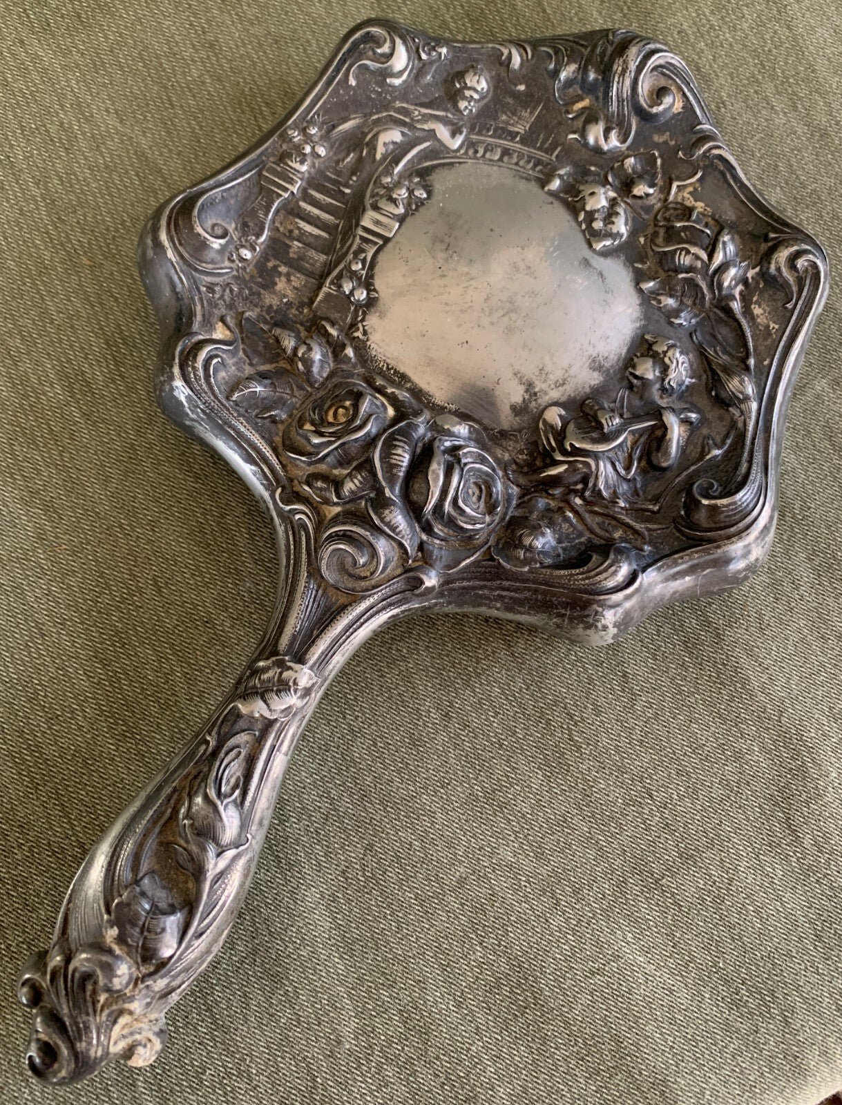 Vintage Victorian Art Nouveau Style Silverplate HAND MIRROR Repousse w/ Mandolin0