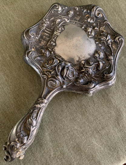 Vintage Victorian Art Nouveau Style Silverplate HAND MIRROR Repousse w/ Mandolin0