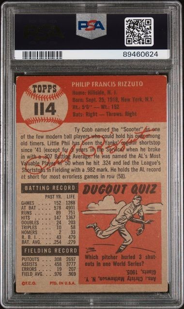 1953 TOPPS #114 PHIL RIZZUTO (PSA 3 VG) New York Yankees HOF1