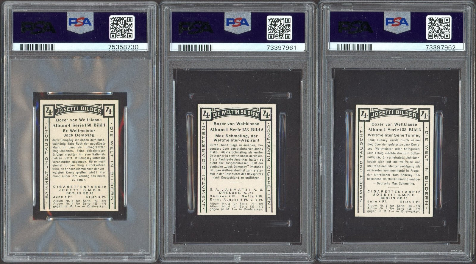 SET #1-#3 Josetti &Jasmatzi Jack Dempsey PSA 8 Highest Max Schmeling Gene Tunney1