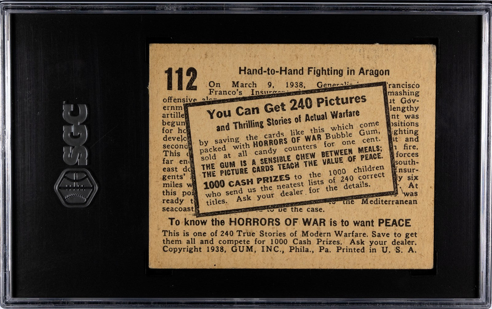 1938 HORRORS OF WAR Gum Card #112 Advertising Back MACHINE OVERPRINT SGC 4 VG/EX1