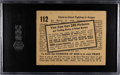 1938 HORRORS OF WAR Gum Card #112 Advertising Back MACHINE OVERPRINT SGC 4 VG/EX1